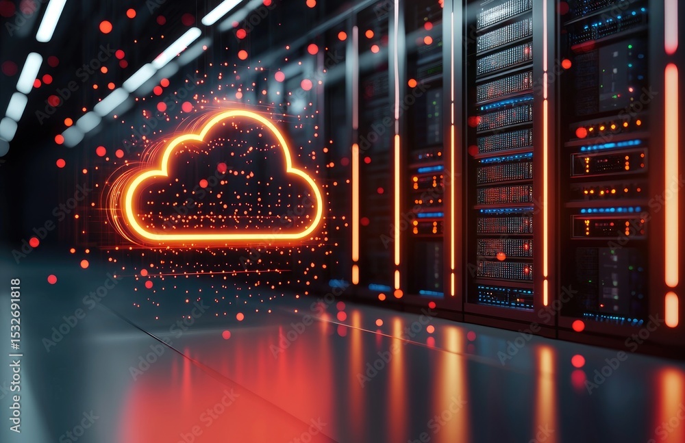 Leinwandbilder Futuristic data center with glowing orange cloud icon and digital red particles, symbolizing advanced cloud storage, secure network systems, and smart server infrastructure