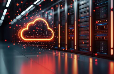 Futuristic data center with glowing orange cloud icon and digital red particles, symbolizing advanced cloud storage, secure network systems, and smart server infrastructure