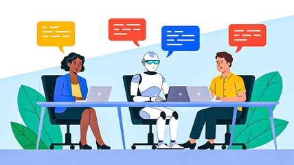 Artificial intelligence robot collaborating with coworkers using laptops in office setting
