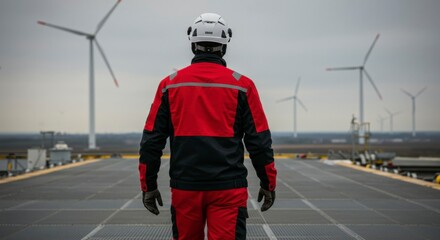 Worker in protective gear on wind turbine platform.  A person in safety attire walks on a platform overlooking wind turbines