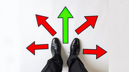 Businessman facing multiple direction choices with red and green arrows on white background
