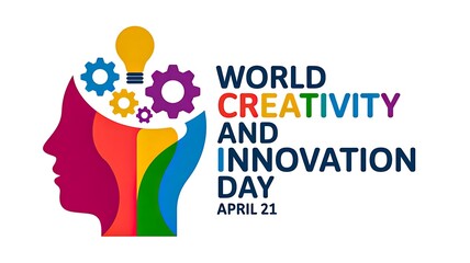 World creativity and innovation day design with colorful human head and icons
