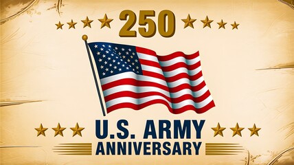U.s. army 250th anniversary celebration with waving american flag and golden stars
