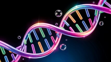 Colorful dna double helix structure with glowing neon effect on dark background
