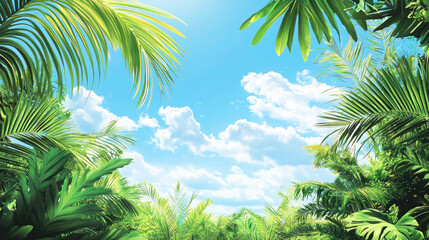 A vibrant tropical jungle with lush green foliage and a clear blue sky with fluffy white clouds.
