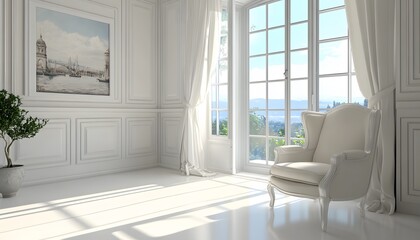 Obraz premium White room with classic wingback chair and large window.