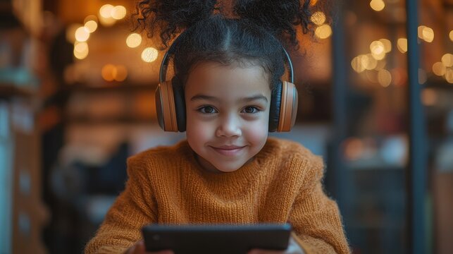 Young african female child enjoying music with headphones and tablet in cozy setting