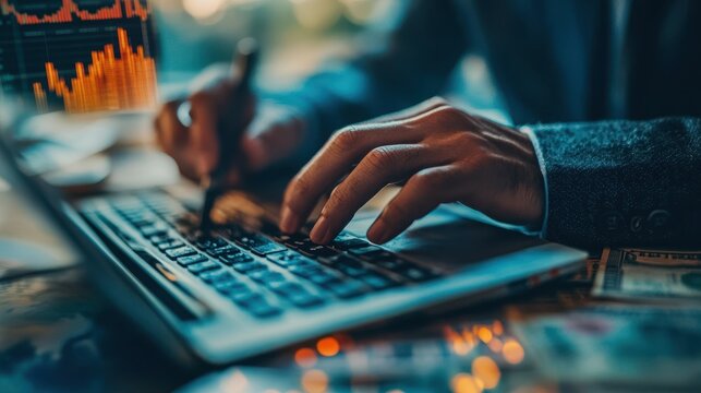 Male adult analyzing financial data on laptop with pen and charts