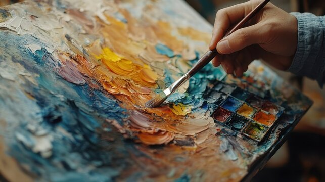 Close-up of hand painting vibrant abstract on canvas with palette