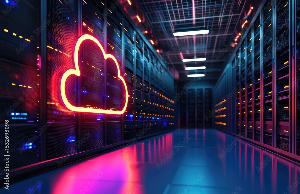 Poster futuristic data center hallway with glowing red cloud icon and illuminated servers, representing clo