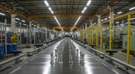 Long assembly line in a spacious factory, showcasing numerous machines and safety barriers.  Metal conveyor belt dominates the scene