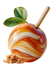 Colorful Artisanal Candy Apple with Swirls and Green Leaf Decoration