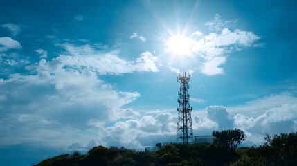 Coastal Cell tower standing tall by the coast under a bright and sunny blue sky