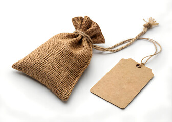 Old rough burlap sack with a blank paper price tag ai generated