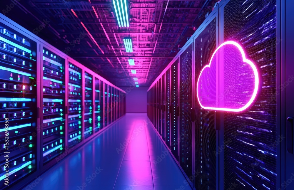 Aufkleber Futuristic server room with glowing pink cloud icon and neon lighting, representing cloud storage, advanced data infrastructure, and high-performance computing networks