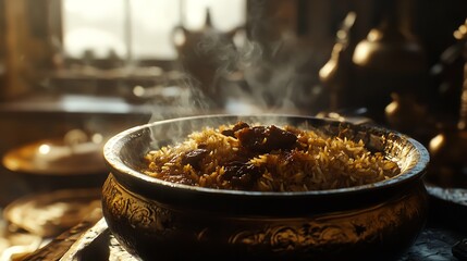 Delicious Pilaf: Aromatic Rice Dish in Antique Bowl, Warm Lighting