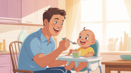Parent Feeding Baby Cute Family Clipart: Father lovingly feeding his infant in high chair with bright morning light in modern kitchen — ideal for family-themed prints, posters, and kids’ products.