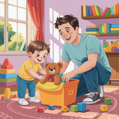 Father and little boy enjoying playtime with toy blocks and plush bear — ideal for early childhood visuals, family bonding themes, or nursery artwork