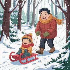 Cute dad and child enjoying winter sled ride in pine tree landscape, ideal clipart for Christmas decor, greeting cards, and winter posters.