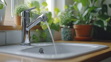 Kitchen sink water flowing plants.