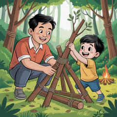 Happy dad and boy creating campfire base together in nature, great illustration for hiking books, survival guides, and children’s camp decor