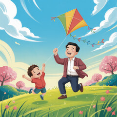 Father and Son Flying Kite Cherry Blossoms Illustration: Happy father and son in traditional clothes flying a colorful kite under blooming cherry trees — perfect for spring greeting cards, children’s 