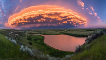 Fototapeta premium A vibrant sunset over a tranquil lake in a prairie landscape.