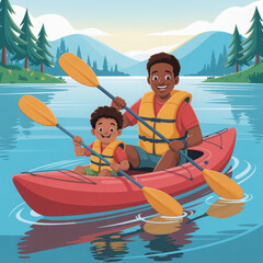Obraz premium Happy dad and child paddling a red kayak on calm water in nature — perfect for parenting illustrations, camping prints, and POD products