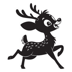 Cute cartoon reindeer with red nose and scarf standing beside a Christmas tree in winter illustration