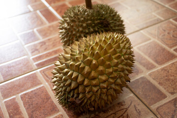Thai people prepare and use knife blade peeling durian fruits for eat on floor in house at...