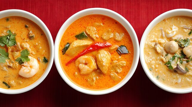 Delicious Thai curries in white bowls on a red background offering rich flavors