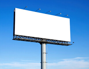 Obraz premium A large billboard with a white background and no text. The sky is blue and clear. The billboard is tall and stands out against the blue sky
