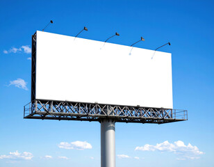A large billboard with four lights on top of it. The billboard is white and is in the sky