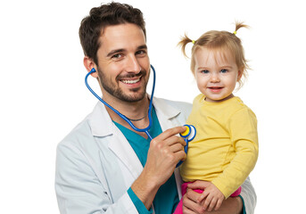 Doctor examining cute baby with stethoscope at medical checkup