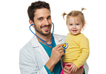 Doctor examining cute baby with stethoscope at medical checkup
