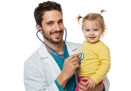 Doctor examining cute baby with stethoscope at medical checkup