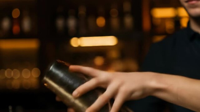 Cocktail shaker in hand shaking drink mix against blurred warm bar lights background