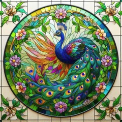 Stunning stained glass artwork of a colorful peacock, crafted with vivid detail, ornate shapes, and glowing sunlight reflections. A blend of elegance and decorative tradition.