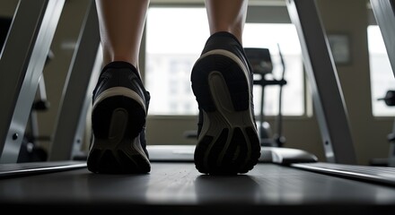 Feet in Running Shoes on Treadmill at Gym