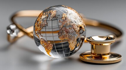 Elegant crystal globe with golden continents and golden magnifying glass on a smooth surface