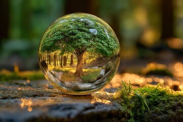 Conceptual Image of a Reflective Glass Sphere in a Dense Green Forest During Golden Hour