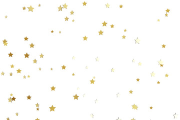 Golden christmas star confetti flying on white background