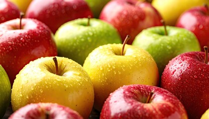 Closeup of Fresh red, yellow and green apples swith Water Droplets