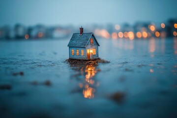Conceptual Still Life of a Miniature Model House with Warm Light Reflections on Water
