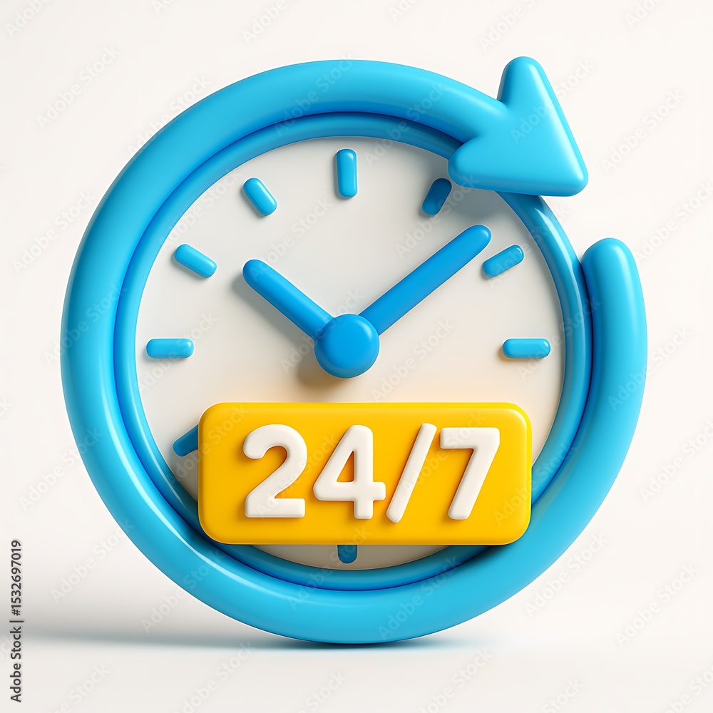 Poster 3d icon of a 3d icon of a clock with 247 on a white background