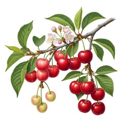 Cherry Blossom with Red Ripe Cherries