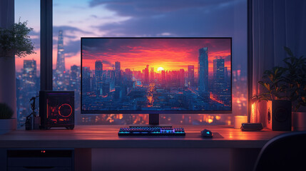 A computer is placed on a table with a screen turned on.