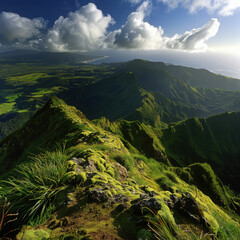 Mountain landscape on Ponta Delgada Island in the Azores, showcasing lush greenery, dramatic peaks, and natural beauty in a serene island setting...