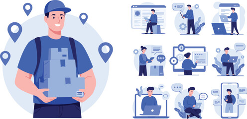 Flat vector illustration of delivery service worker, logistics tracking, mobile communication, online orders, courier app support, customer chat assistance system

 flat vector illustration