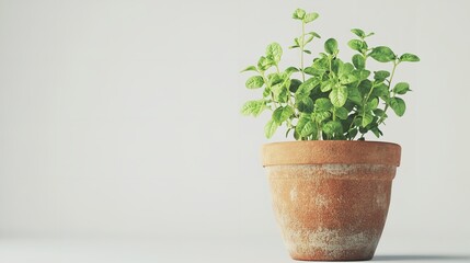 Small Potted Plant: Minimalist Green Herb in Terracotta Pot